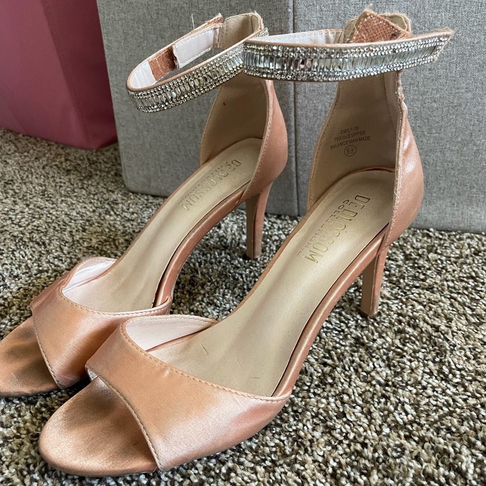 De Blossom Collection Peach Satin Heels with Rhinestone Strap